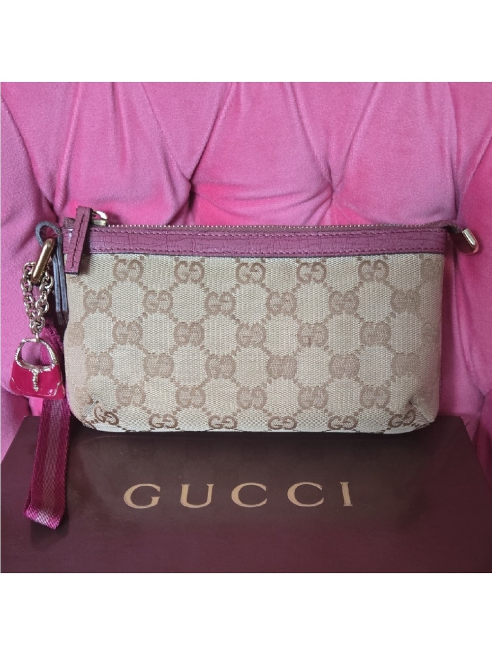 Gucci Beige GG Canvas Wristlet with Pink Trim and Charm